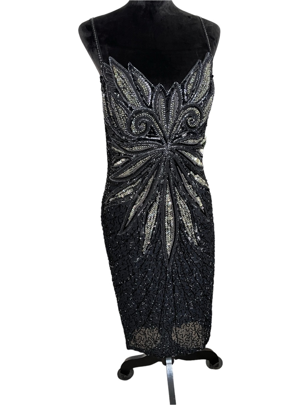 STUNNING Black Tie Beaded Spaghetti Strap Evening Dress